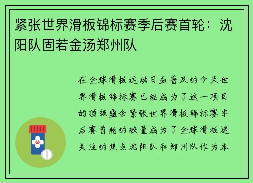 紧张世界滑板锦标赛季后赛首轮：沈阳队固若金汤郑州队